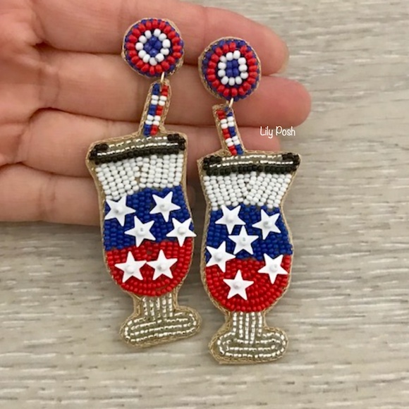 3 Pairs, Beaded Red White Blue Earring, Ice Cream Pinwheel Cocktail Earrings - Picture 4 of 5